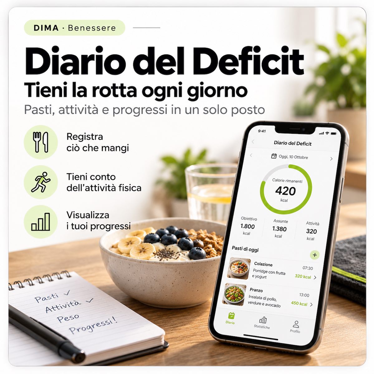 Diario del deficit calorico: tieni la rotta ogni giorno — pasti, attività e progressi